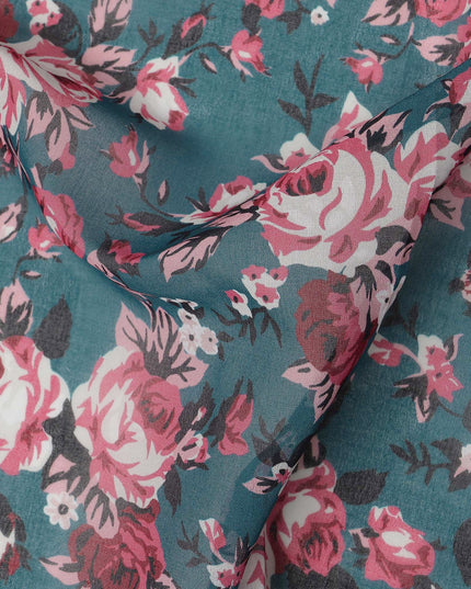 Teal Blue Cotton Voile Traditional Sudanese Thobe with Floral Print, 4.5 Mtrs Piece, Width 140 Cms, Made in India-D26464