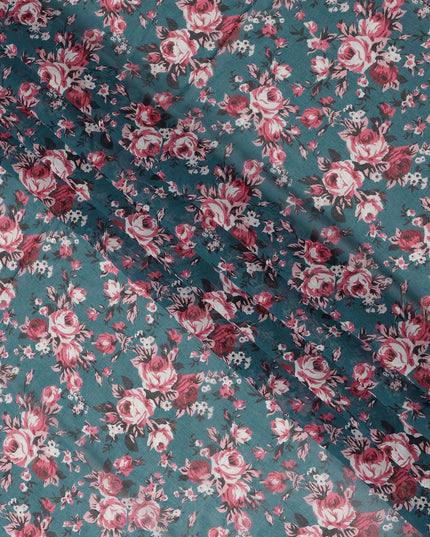 Teal Blue Cotton Voile Traditional Sudanese Thobe with Floral Print, 4.5 Mtrs Piece, Width 140 Cms, Made in India-D26464