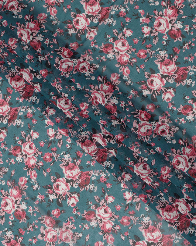 Teal Blue Cotton Voile Traditional Sudanese Thobe with Floral Print, 4.5 Mtrs Piece, Width 140 Cms, Made in India-D26464