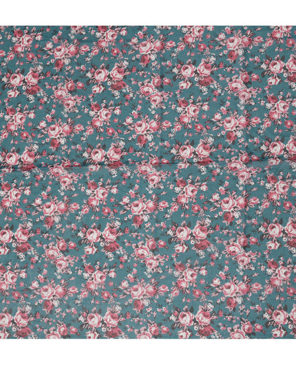 Teal Blue Cotton Voile Traditional Sudanese Thobe with Floral Print, 4.5 Mtrs Piece, Width 140 Cms, Made in India-D26464