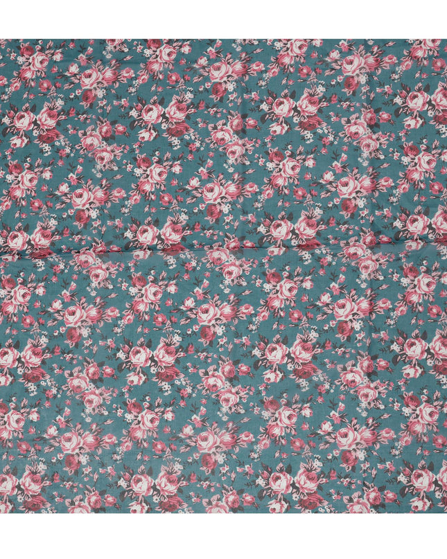 Teal Blue Cotton Voile Traditional Sudanese Thobe with Floral Print, 4.5 Mtrs Piece, Width 140 Cms, Made in India-D26464