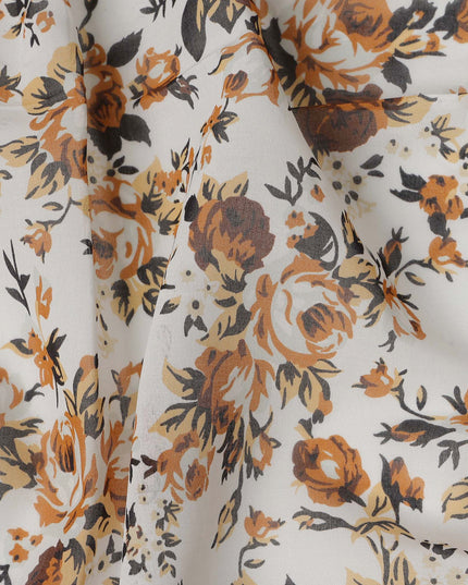 White Multicolor Cotton Voile Traditional Sudanese Thobe with Floral Print, 4.5 Mtrs Piece, Width 140 Cms, Made in India-D26462