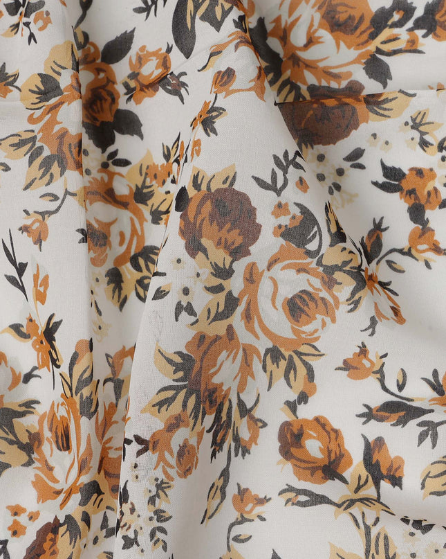 White Multicolor Cotton Voile Traditional Sudanese Thobe with Floral Print, 4.5 Mtrs Piece, Width 140 Cms, Made in India-D26462