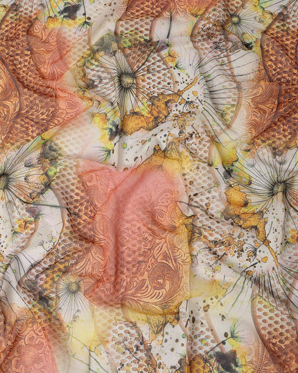 Orange & Yellow Abstract Floral Printed Somali Cotton Voile Dirac Fabric, 3.5 Mtrs Piece, 140 cm Width, Made in India-D26664