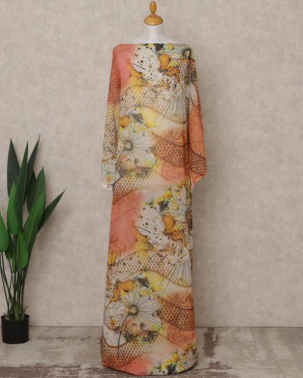 Orange & Yellow Abstract Floral Printed Somali Cotton Voile Dirac Fabric, 3.5 Mtrs Piece, 140 cm Width, Made in India-D26664