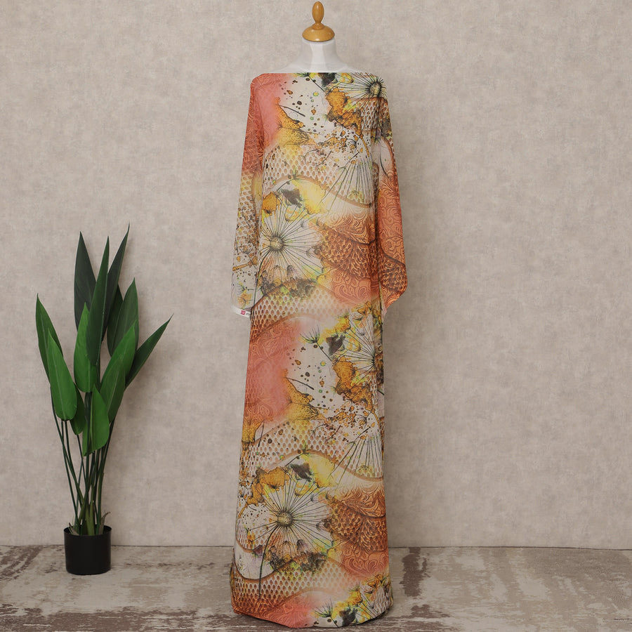 Orange & Yellow Abstract Floral Printed Somali Cotton Voile Dirac Fabric, 3.5 Mtrs Piece, 140 cm Width, Made in India-D26664