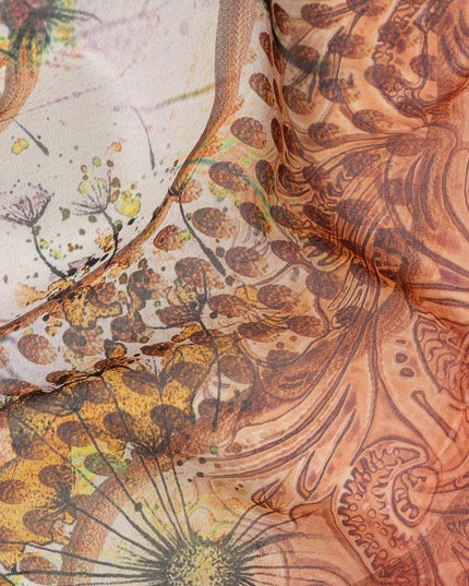 White Orange-Yellow Cotton Voile Traditional Sudanese Thobe with Artistic Abstract Floral Print, 4.5 Mtrs Piece, Width 140 Cms, Made in India-D26474