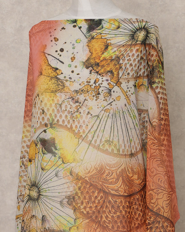 Orange & Yellow Abstract Floral Printed Somali Cotton Voile Dirac Fabric, 3.5 Mtrs Piece, 140 cm Width, Made in India-D26664