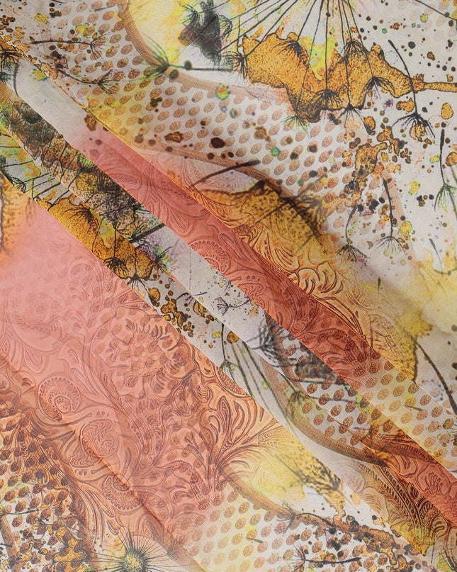 Orange & Yellow Abstract Floral Printed Somali Cotton Voile Dirac Fabric, 3.5 Mtrs Piece, 140 cm Width, Made in India-D26664