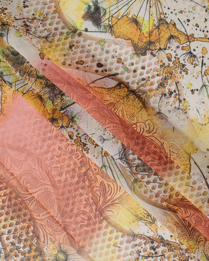 White Orange-Yellow Cotton Voile Traditional Sudanese Thobe with Artistic Abstract Floral Print, 4.5 Mtrs Piece, Width 140 Cms, Made in India-D26474