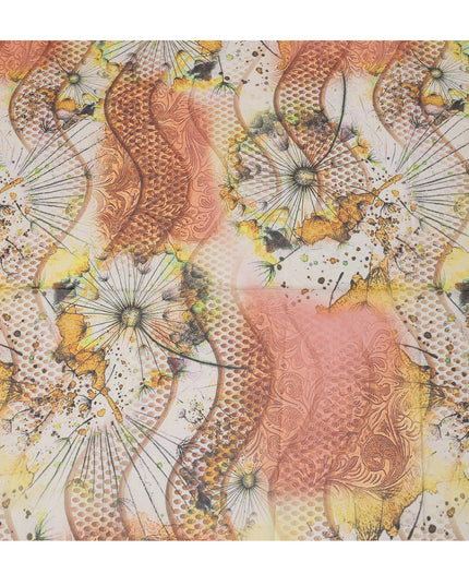 White Orange-Yellow Cotton Voile Traditional Sudanese Thobe with Artistic Abstract Floral Print, 4.5 Mtrs Piece, Width 140 Cms, Made in India-D26474