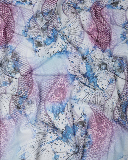 White Purple-Blue Cotton Voile Traditional Sudanese Thobe with Artistic Abstract Print, 4.5 Mtrs Piece, Width 140 Cms, Made in India-D26472