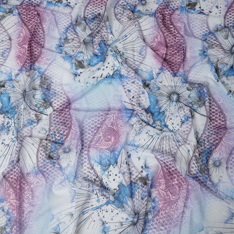 White Purple-Blue Cotton Voile Traditional Sudanese Thobe with Artistic Abstract Print, 4.5 Mtrs Piece, Width 140 Cms, Made in India-D26472