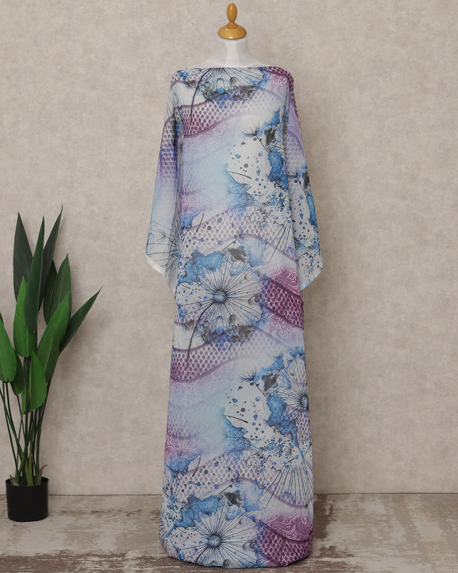 Blue & Purple Abstract Floral Printed Somali Cotton Voile Dirac Fabric, 3.5 Mtrs Piece, 140 cm Width, Made in India-D26665