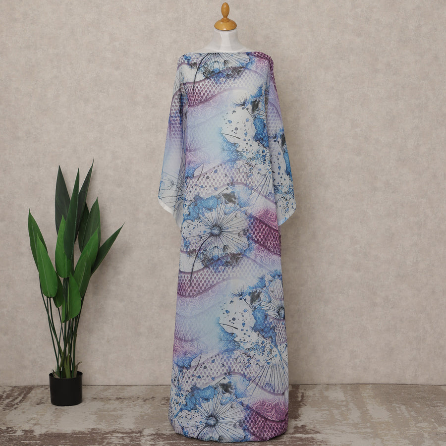 Blue & Purple Abstract Floral Printed Somali Cotton Voile Dirac Fabric, 3.5 Mtrs Piece, 140 cm Width, Made in India-D26665