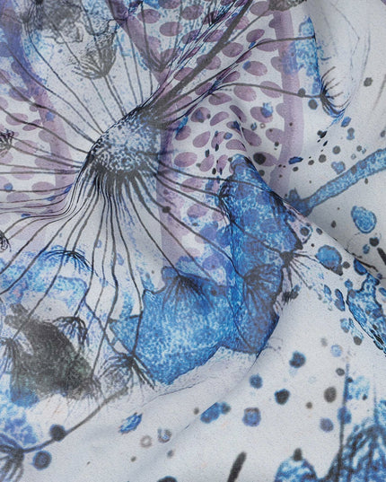 Blue & Purple Abstract Floral Printed Somali Cotton Voile Dirac Fabric, 3.5 Mtrs Piece, 140 cm Width, Made in India-D26665