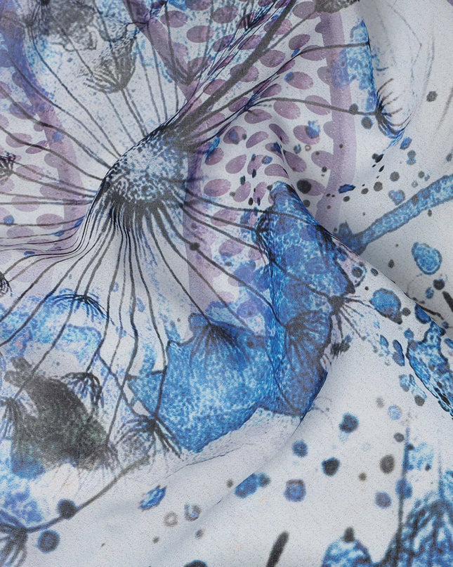 White Purple-Blue Cotton Voile Traditional Sudanese Thobe with Artistic Abstract Print, 4.5 Mtrs Piece, Width 140 Cms, Made in India-D26472