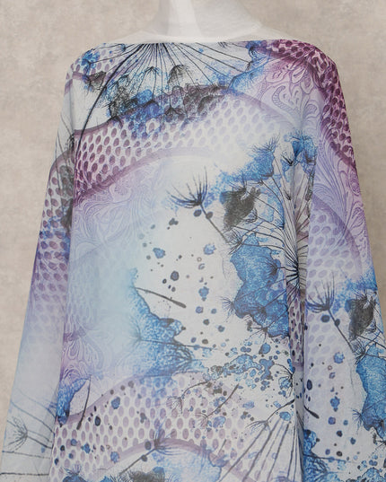 Blue & Purple Abstract Floral Printed Somali Cotton Voile Dirac Fabric, 3.5 Mtrs Piece, 140 cm Width, Made in India-D26665