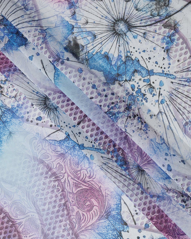 White Purple-Blue Cotton Voile Traditional Sudanese Thobe with Artistic Abstract Print, 4.5 Mtrs Piece, Width 140 Cms, Made in India-D26472