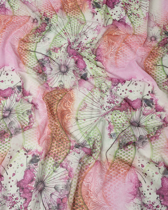 White Pink-Green Cotton Voile Traditional Sudanese Thobe with Artistic Abstract Floral Print, 4.5 Mtrs Piece, Width 140 Cms, Made in India-D26473
