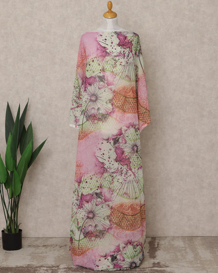 Pink & Green Abstract Floral Printed Somali Cotton Voile Dirac Fabric, 3.5 Mtrs Piece, 140 Cms Width, Made in India-D26666