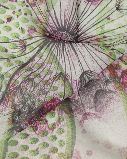 White Pink-Green Cotton Voile Traditional Sudanese Thobe with Artistic Abstract Floral Print, 4.5 Mtrs Piece, Width 140 Cms, Made in India-D26473