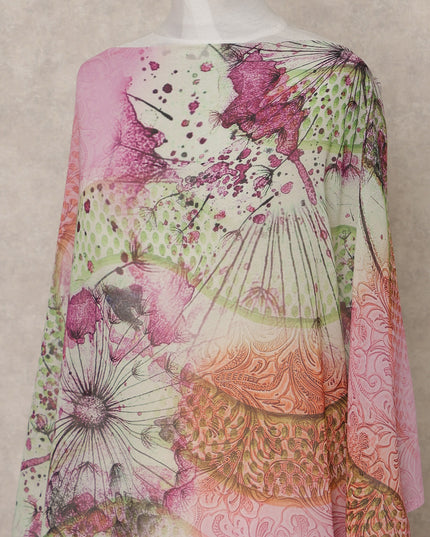 Pink & Green Abstract Floral Printed Somali Cotton Voile Dirac Fabric, 3.5 Mtrs Piece, 140 Cms Width, Made in India-D26666