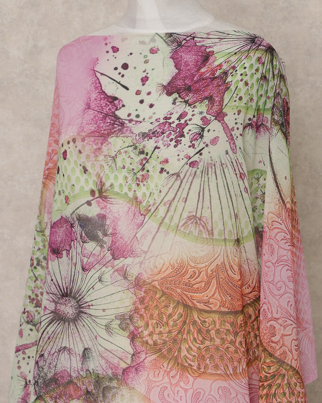 Pink & Green Abstract Floral Printed Somali Cotton Voile Dirac Fabric, 3.5 Mtrs Piece, 140 Cms Width, Made in India-D26666