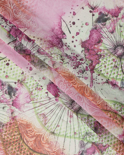 Pink & Green Abstract Floral Printed Somali Cotton Voile Dirac Fabric, 3.5 Mtrs Piece, 140 Cms Width, Made in India-D26666