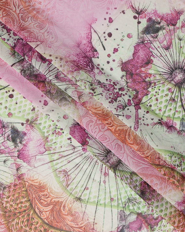 Pink & Green Abstract Floral Printed Somali Cotton Voile Dirac Fabric, 3.5 Mtrs Piece, 140 Cms Width, Made in India-D26666
