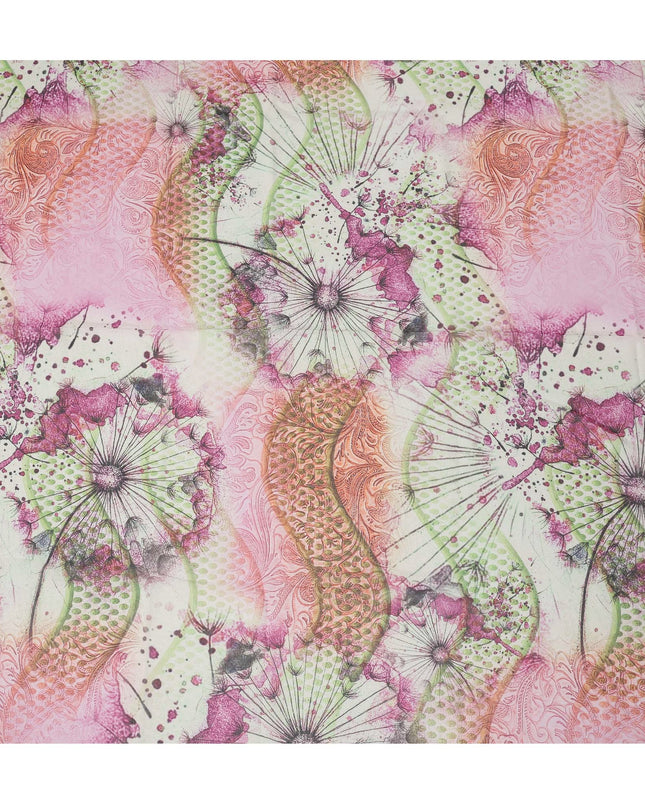 White Pink-Green Cotton Voile Traditional Sudanese Thobe with Artistic Abstract Floral Print, 4.5 Mtrs Piece, Width 140 Cms, Made in India-D26473