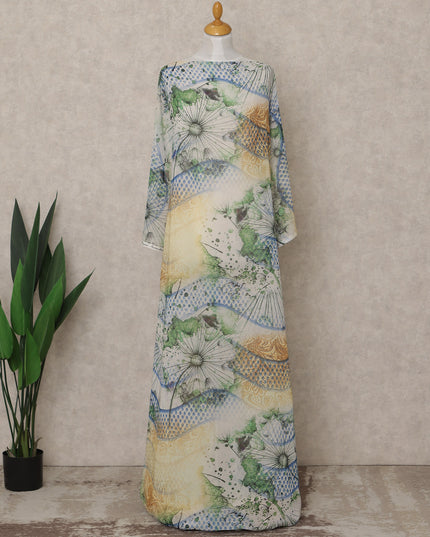 Green & Yellow Abstract Floral Printed Somali Cotton Voile Dirac Fabric, 3.5 Mtrs Piece, 140 Cms Width, Made in India-D26667