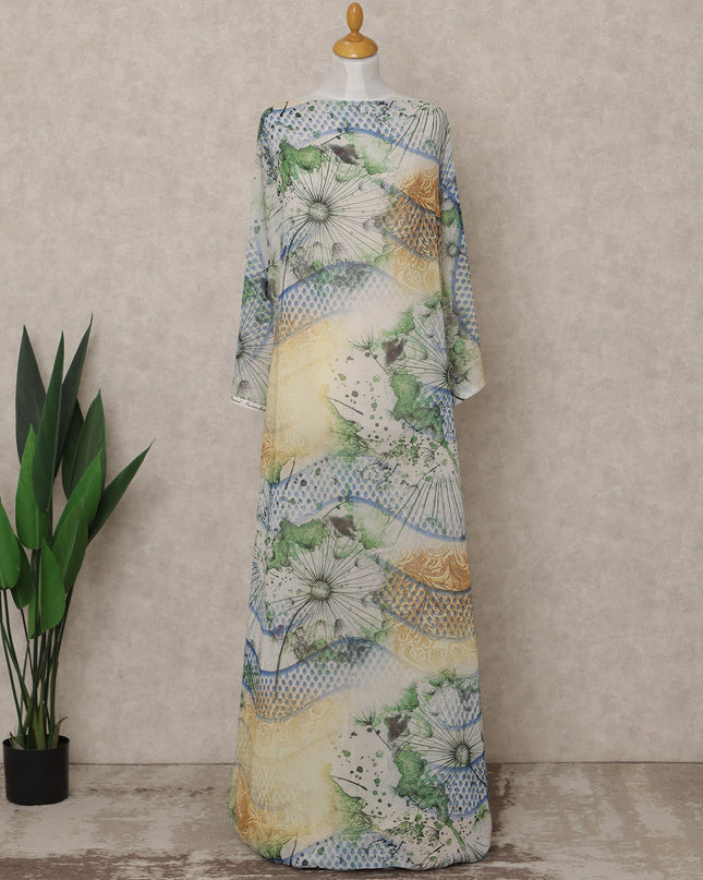 Green & Yellow Abstract Floral Printed Somali Cotton Voile Dirac Fabric, 3.5 Mtrs Piece, 140 Cms Width, Made in India-D26667