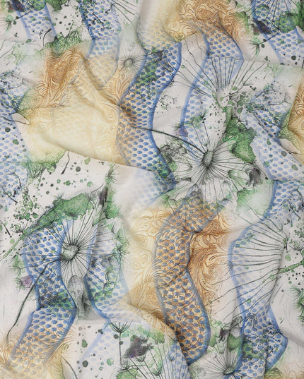 White Multicolor Cotton Voile Traditional Sudanese Thobe with Artistic Abstract Print, 4.5 Mtrs Piece, Width 140 Cms, Made in India-D26471