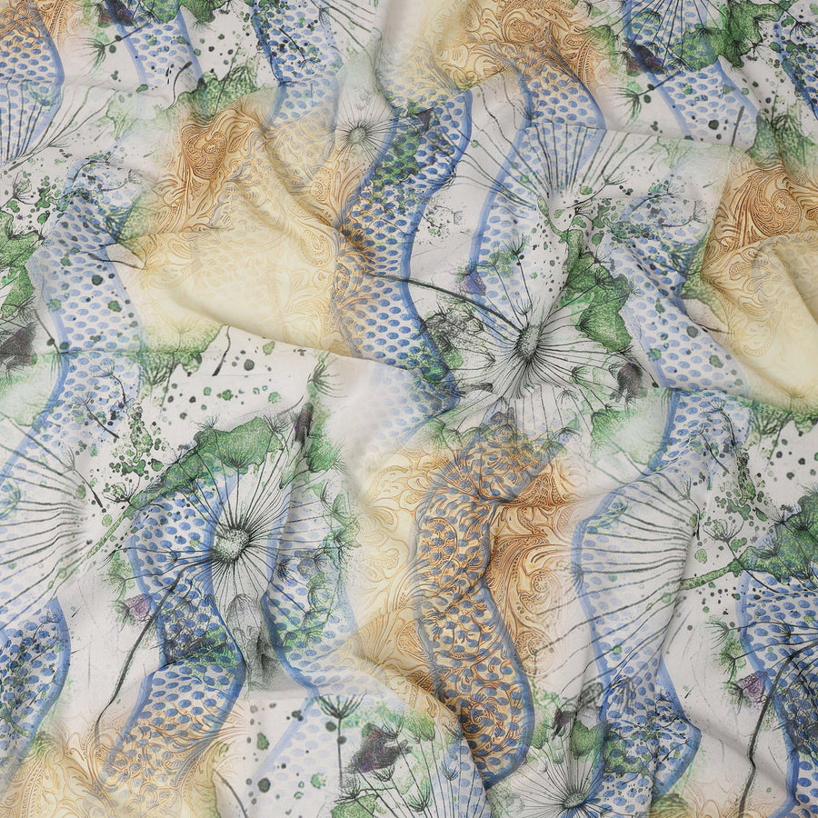 White Multicolor Cotton Voile Traditional Sudanese Thobe with Artistic Abstract Print, 4.5 Mtrs Piece, Width 140 Cms, Made in India-D26471