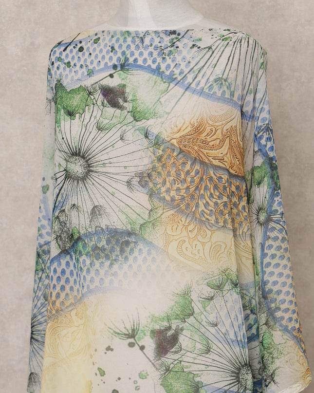 Green & Yellow Abstract Floral Printed Somali Cotton Voile Dirac Fabric, 3.5 Mtrs Piece, 140 Cms Width, Made in India-D26667