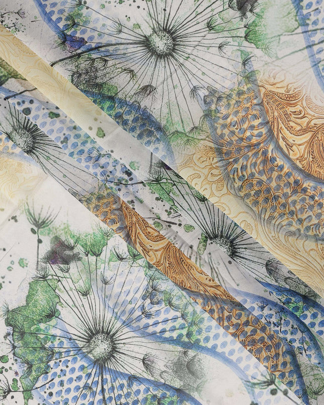 Green & Yellow Abstract Floral Printed Somali Cotton Voile Dirac Fabric, 3.5 Mtrs Piece, 140 Cms Width, Made in India-D26667