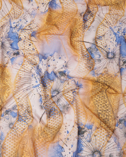 White Yellow-Blue Cotton Voile Traditional Sudanese Thobe with Abstract Artistic Print, 4.5 Mtrs Piece, Width 140 Cms, Made in India-D26475