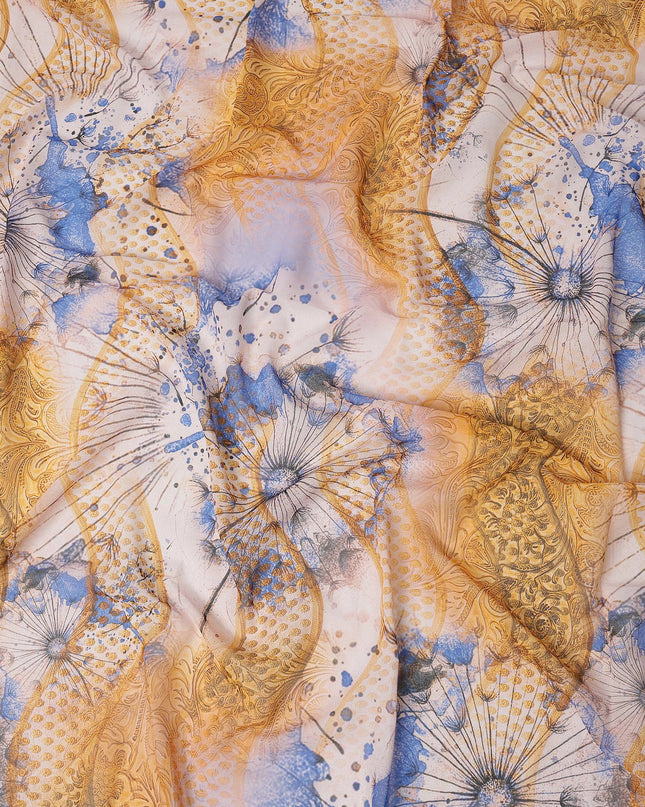 White Yellow-Blue Cotton Voile Traditional Sudanese Thobe with Abstract Artistic Print, 4.5 Mtrs Piece, Width 140 Cms, Made in India-D26475