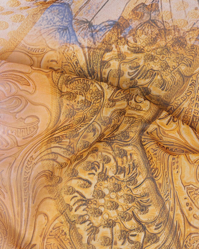 White Yellow-Blue Cotton Voile Traditional Sudanese Thobe with Abstract Artistic Print, 4.5 Mtrs Piece, Width 140 Cms, Made in India-D26475