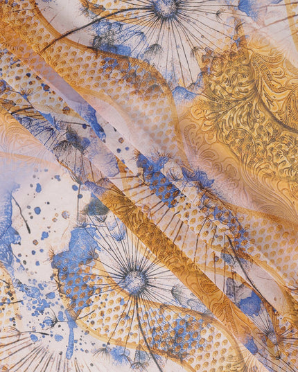 White Yellow-Blue Cotton Voile Traditional Sudanese Thobe with Abstract Artistic Print, 4.5 Mtrs Piece, Width 140 Cms, Made in India-D26475