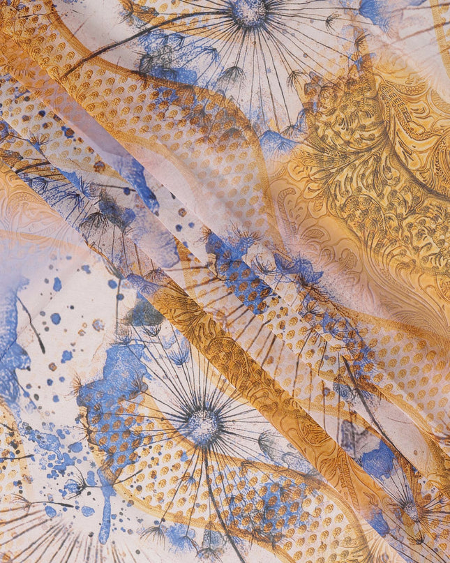 White Yellow-Blue Cotton Voile Traditional Sudanese Thobe with Abstract Artistic Print, 4.5 Mtrs Piece, Width 140 Cms, Made in India-D26475