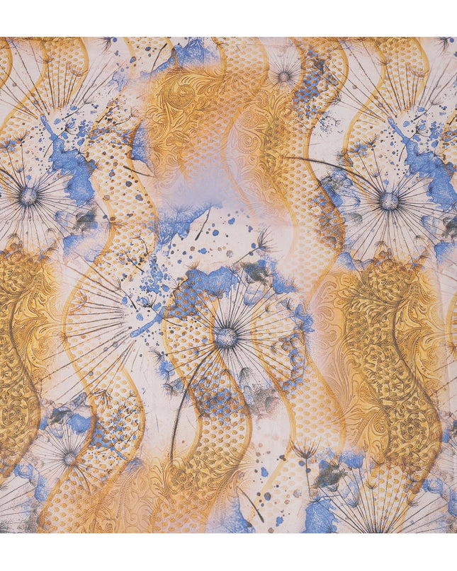 White Yellow-Blue Cotton Voile Traditional Sudanese Thobe with Abstract Artistic Print, 4.5 Mtrs Piece, Width 140 Cms, Made in India-D26475