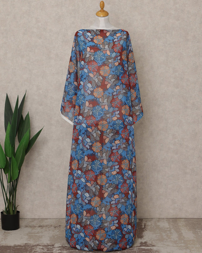 Blue Multi-Color Floral Printed Somali Cotton Voile Dirac Fabric, 3.5 Mtrs Piece, 140 cm Width, Made in India-D26662