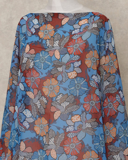 Blue Multi-Color Floral Printed Somali Cotton Voile Dirac Fabric, 3.5 Mtrs Piece, 140 cm Width, Made in India-D26662
