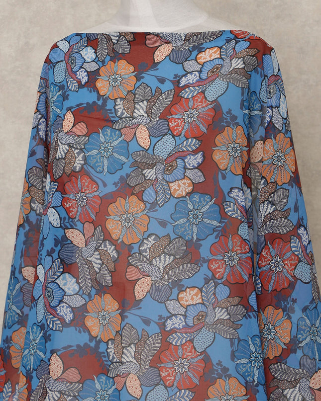 Blue Multi-Color Floral Printed Somali Cotton Voile Dirac Fabric, 3.5 Mtrs Piece, 140 cm Width, Made in India-D26662