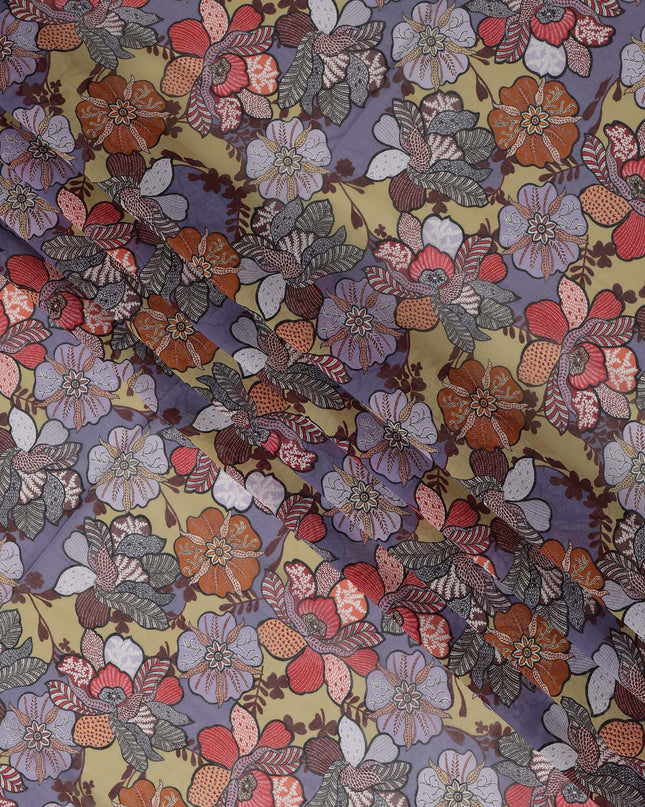 Beige & Purple Multicolor Cotton Voile Traditional Sudanese Thobe with Floral Print, 4.5 Mtrs Piece, Width 140 Cms, Made in India-D26461