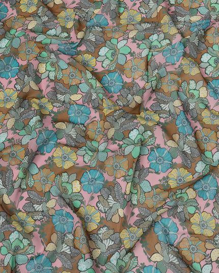 Pink Multicolor Cotton Voile Traditional Sudanese Thobe with Floral Print, 4.5 Mtrs Piece, Width 140 Cms, Made in India-D26460