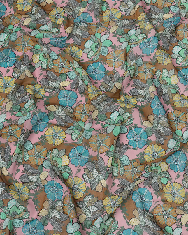 Pink Multicolor Cotton Voile Traditional Sudanese Thobe with Floral Print, 4.5 Mtrs Piece, Width 140 Cms, Made in India-D26460