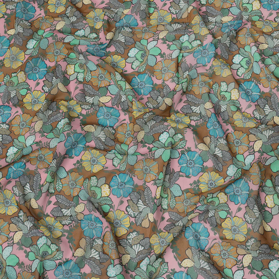 Pink Multicolor Cotton Voile Traditional Sudanese Thobe with Floral Print, 4.5 Mtrs Piece, Width 140 Cms, Made in India-D26460